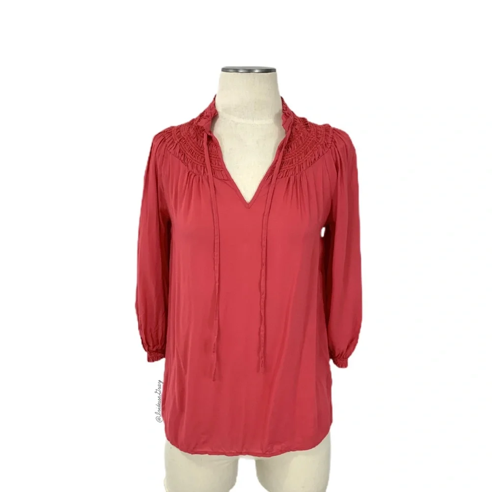 Anthropologie- Odille Reddish Smocked Neck Blouse
